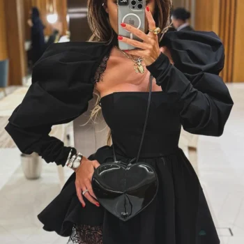 Clacive Sexy Slim Black Women's Dress 2024 Bodycon Stand Collar Long Sleeve Mini Dresses Elegant Lace Spliced Female Dress