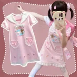 Kawaii Cute Core Short Dress Women Girls Embroidery Summer 2024 Lolita Dresses Sweet Mini Y2k Japanese Pink Cartoon Print Dress