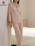Birdtree, 100%Real Silk Knitted Pajamas Sets, Women Tassel Fashion Elegant, Soft 2024 Summer Fall New Sleepwear Pyjama S479117QM