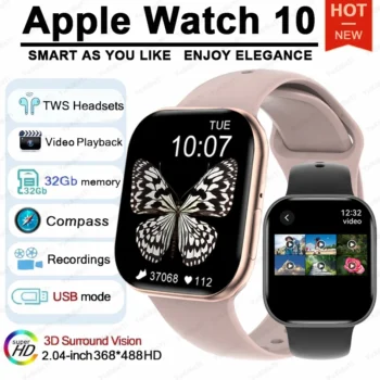 Watch 10 4G Memory Smart Watch Music Video BT Call Compass IP68 Waterproof NFC TWS Earphones Smartwatch For Apple Series 10 Gift