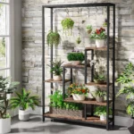 Tribesigns 5 Tiers Tall Indoor Plant Stand 70.9 inches Large Metal Plant Shelf with 10 PC S Hanging Hooks for Garden