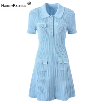Vintage Elegant Style 2024 Spring Lady Turn-down Collar Short Sleeve Women Knit Sequin Slim Fitted Flounced Short Solid Dress