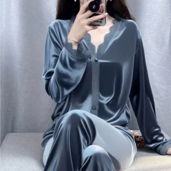 Pleuche Simple V-neck Pajamas Women's Spring Autumn Sleepwear Suit Winter Loungewear Wear 2024 New Solid Color Lace Homewear