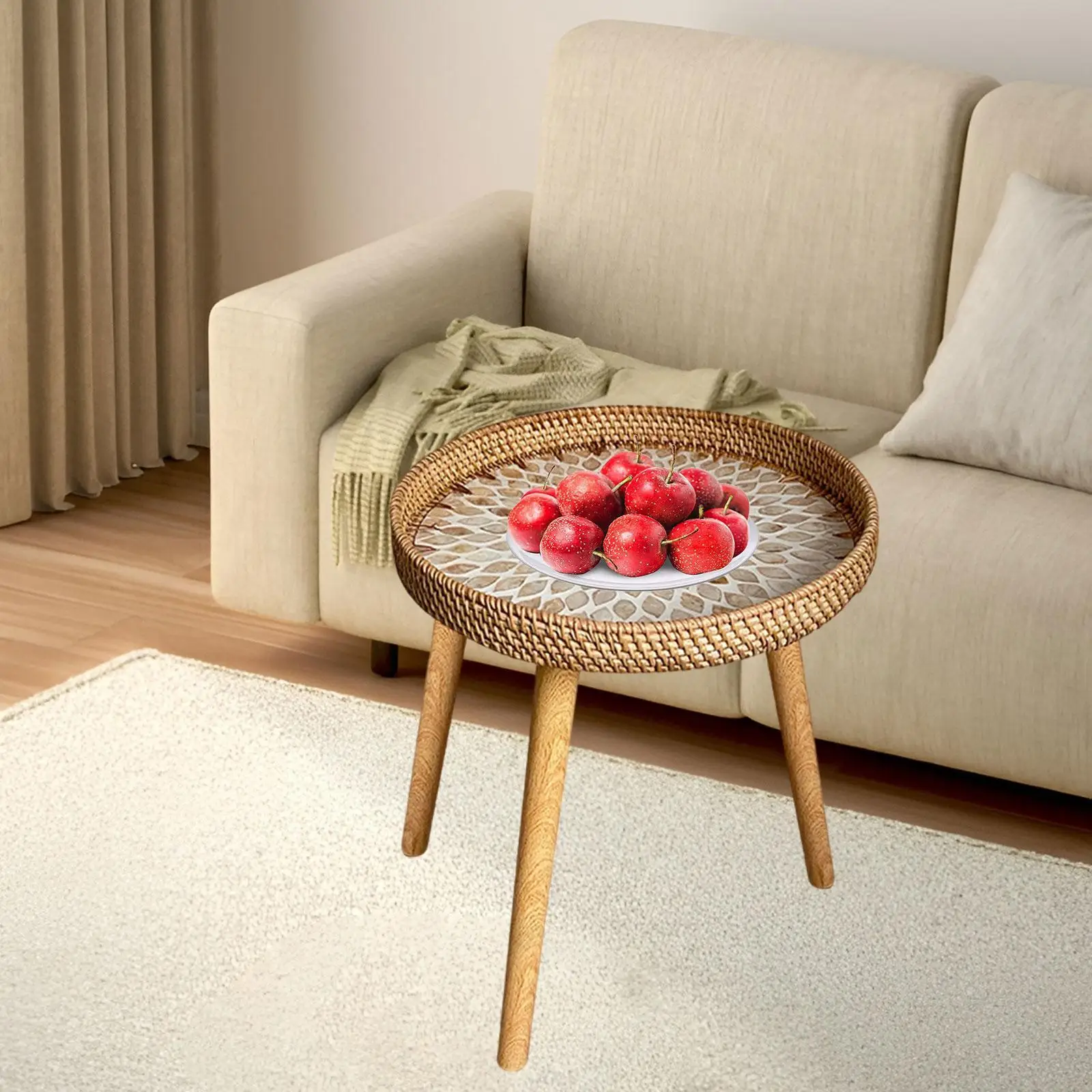 Rattan Side Table NightStand Plant Stand End Table for Garden Indoor Proch Living Room