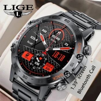 LIGE Military Men Outdoor Sports Smart Watch 1.39“HD Bluetooth Calling Full Touch Screen IP68 Waterproof Blood Oxygen Smartwatch