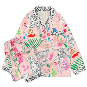 Europe America Money Leopard Sleepwear Spring Summer Pajama Sets Long Sleeves Long Shorts Splicing Lapel Advanced Sense Pijamas