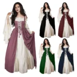 European and American Medieval Retro Contrasting Slim Fitting Skirt with Flying Sleeves Large Swing Skirt Dress