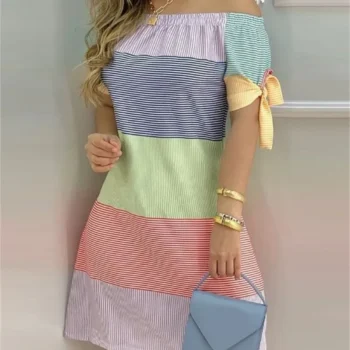 Fashionable Sexy Women's Print Dress Women's Word Shoulder Short -sleeved A -line Dress Ladies Off The Shoulder Mini Dresses