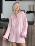 Marthaqiqi Cotton Women'S Sleepwear Suit Sexy Turn-Down Collar Nightwear Long Sleeve Nightgowns Shorts Casual Ladies Pajamas Set