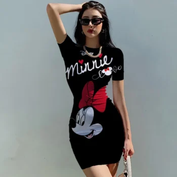 Disney Minnie Mickey Mouse bow print Elegant Pencil Dress Womens Simple Sheath Office Dresses Summer Short sleeve Casual Vestido