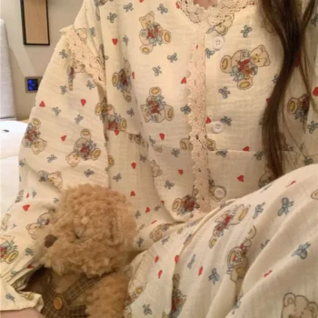 2024 New Sweet Spring Women Home Suits Female Lace Trim Cute Pajamas Sets Girls Cartoon Long Sleeves Trousers Simple Nightwear
