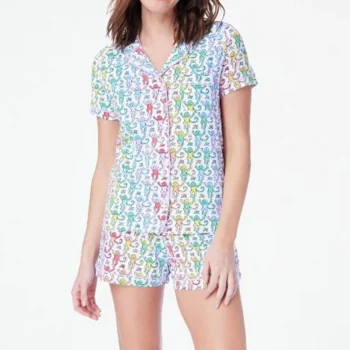 Rainbow Monkey Print Comfy Lounge Pajama Y2K Vintage Short Sleeve Blouse Shirt Top + Shorts 2 Piece Set Outfits Women Sleepwear