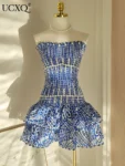 UCXQ Retro Blue Printed Hollow Out Design Slim Fit Ruffles Patchwork Strapless Sleeveless Dress Beach Holiday Dresses summer 430