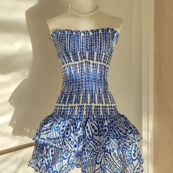 UCXQ Retro Blue Printed Hollow Out Design Slim Fit Ruffles Patchwork Strapless Sleeveless Dress Beach Holiday Dresses summer 430