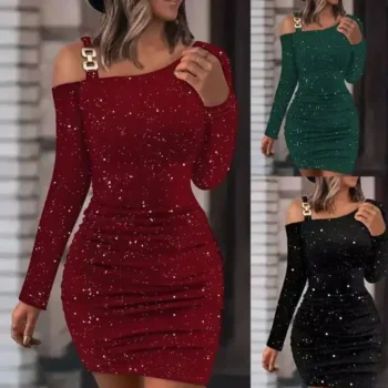 New European and American women's solid color flash slim-fit short dress