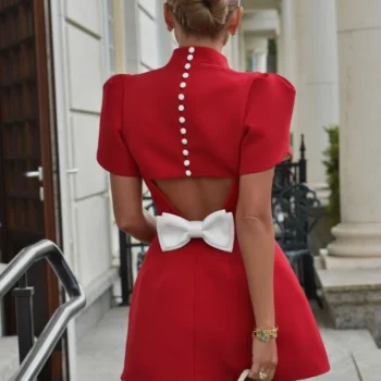 Elegant Women Luxury Formal Hollow Red O-neck Mini Dress Fashion Bow Pad Shoulder Evening Vestidos Ladies Street Party Vestidos