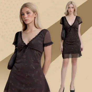 Vintage Floral Brown Dress Women's Summer 2024 Chic Sexy Elegant Fashion Ladies Casual Dress Beautiful Lace Mini Short Dresses