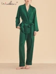 Women Solid Long Sleeve Pants,22MM 100%Mulberry Silk Pajama Set,Home Clothing Elegant Loungewear,2024 Spring New,P3D9116QM