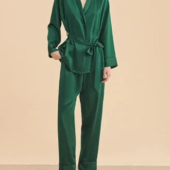 Women Solid Long Sleeve Pants,22MM 100%Mulberry Silk Pajama Set,Home Clothing Elegant Loungewear,2024 Spring New,P3D9116QM