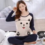 Autumn Thin 2pieces Pyjamas Set Women 2024 Cotton Round Neck Girls Bear Pajamas Sets Teacup Cat Full Sleepwear Tops Pajama Mujer