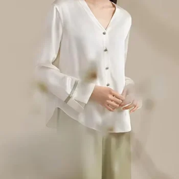 Winsleter,100%Mulberry Silk Pajama Set,Casual Fashion Homewear,Women Long Sleeve VNeck Top Pants,Summer Autumn New S47653QM