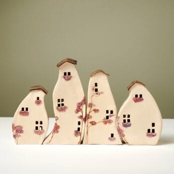 4 pcs Ceramic Handmade Curved House | Floral Pattern Ceramic Houses New Year's Gift | Handcrafted Ceramic Curved Houses | Housewarming Gift