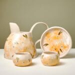 4 Pcs Yellow Flower Ceramic Jug Set | Handmade Pottery Jug and Cups |  Versatile Ceramic Pitcher |  Handleless Ceramic Cups and Jug Set