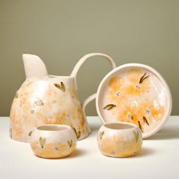 4 Pcs Yellow Flower Ceramic Jug Set | Handmade Pottery Jug and Cups |  Versatile Ceramic Pitcher |  Handleless Ceramic Cups and Jug Set