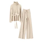 Thick cashmere sweater women's high neck tie cashmere wide-leg pants women's outer wear two-piece suit