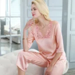 Nightgowns Women 100% Silk Nightcloth Two Pieces Set Lace V Neck Three-quarter Sleeve Elastic Waist Pants high Quality Suits