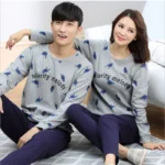 Spring Autumn Fashion Pyjama Femme O-neck Nightwear Female Pajama Sets For Women Men Knitted Cotton Pijamas Suit Couple Lounge