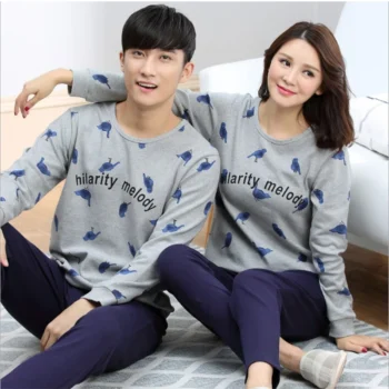 Spring Autumn Fashion Pyjama Femme O-neck Nightwear Female Pajama Sets For Women Men Knitted Cotton Pijamas Suit Couple Lounge