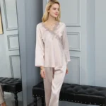 kf-HTB1oLxzaOzxK1RkSnaVq6xn9VXaW-Nightgowns-Women-100-Silk-Nightcloth-Two-Pieces-Set-Lace-V-Neck-Long-Sleeve-Elastic-Waist-Long