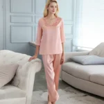 kf-HTB1JTVuaLLsK1Rjy0Fbq6xSEXXa1-Nightgowns-Women-100-Silk-Nightcloth-Two-Pieces-Set-Lace-V-Neck-Three-quarter-Sleeve-Elastic-Waist