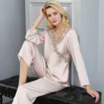 kf-HTB1oLxzaOzxK1RkSnaVq6xn9VXaW-Nightgowns-Women-100-Silk-Nightcloth-Two-Pieces-Set-Lace-V-Neck-Long-Sleeve-Elastic-Waist-Long