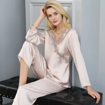 Nightgowns Women 100% Silk Nightcloth Two Pieces Set Lace V Neck Long Sleeve Elastic Waist Long Pants Loose Suits Plus Size