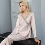 kf-HTB1oLxzaOzxK1RkSnaVq6xn9VXaW-Nightgowns-Women-100-Silk-Nightcloth-Two-Pieces-Set-Lace-V-Neck-Long-Sleeve-Elastic-Waist-Long