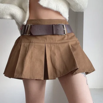 New Fashion Khaki with Belt High Waist Pleated Skirt