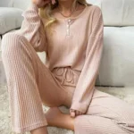 kf-S404ccf8fd8ae421e8b8a760e667f9219s-Waffle-Texture-Women-Solid-Color-Casual-Pajama-Set-Korean-Pajamas-Women-Pijama-Female-Bedroom-Set-Woman