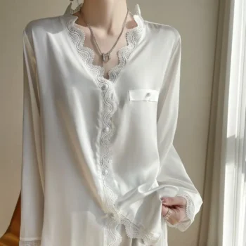Womens Silk Satin Lace Trim Sexy Pajamas Set Sleepwear Female V-neck Home Suit Gils Sleep Two Pieces Set Women's Loungewear XXL