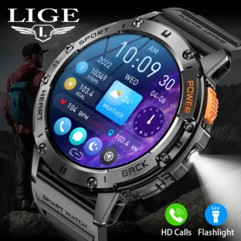 LIGE Smart Watch Men Outdoor 1.43" AMOLED HD Screen BT Call Sport Fitness Health Monitoring 530mAh Battery Flashlight Smartwatch