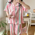 kf-S56600d2c8e19469c8fa8672fe93393fck-New-Women-s-Pajamas-Three-Piece-Ladies-Sleepwear-Set-Stripe-V-Neck-Design-Elegant-Loose-Korea