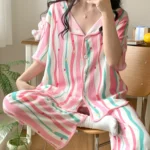 kf-S56600d2c8e19469c8fa8672fe93393fck-New-Women-s-Pajamas-Three-Piece-Ladies-Sleepwear-Set-Stripe-V-Neck-Design-Elegant-Loose-Korea