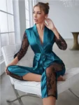 Women's Satin Pajamas Set Gorgeous Sleeve Top with Pant Contrast Lace Lounge Wear Hollow Out 2pcs Sleepwear