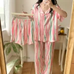 New Women's Pajamas Three Piece Ladies Sleepwear Set Stripe V Neck Design Elegant Loose Korea Version Pyjama Large Size Homewear