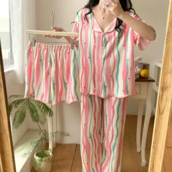 New Women's Pajamas Three Piece Ladies Sleepwear Set Stripe V Neck Design Elegant Loose Korea Version Pyjama Large Size Homewear