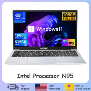 ACEMAGIC 15.6" Ultra Slim Laptop 16GB RAM 512GB SSD Intel N95 Notebook Gamer 1920*1080 Display Office Study Computer Windows 11