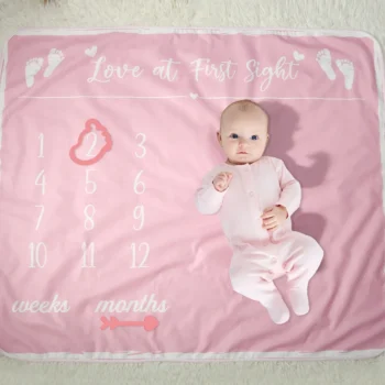 Ylsteed Newborn Photography Background Baby Foot Print Fleece Blanket Baby Monthly Growing Milestone Blanket for Photo Shooting