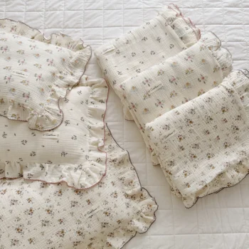 Vintage Floral Muslin Cotton Baby Crib Bedding Set Children Bed Linen Duvet Cover Sheet Pillowcase Without Filler