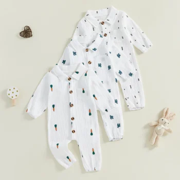 Pudcoco Infant Newborn Baby Boys 100% Cotton Autumn Jumpsuit Long Sleeve Lapel Carrot/Cactus Print Button Up Romper 0-18M